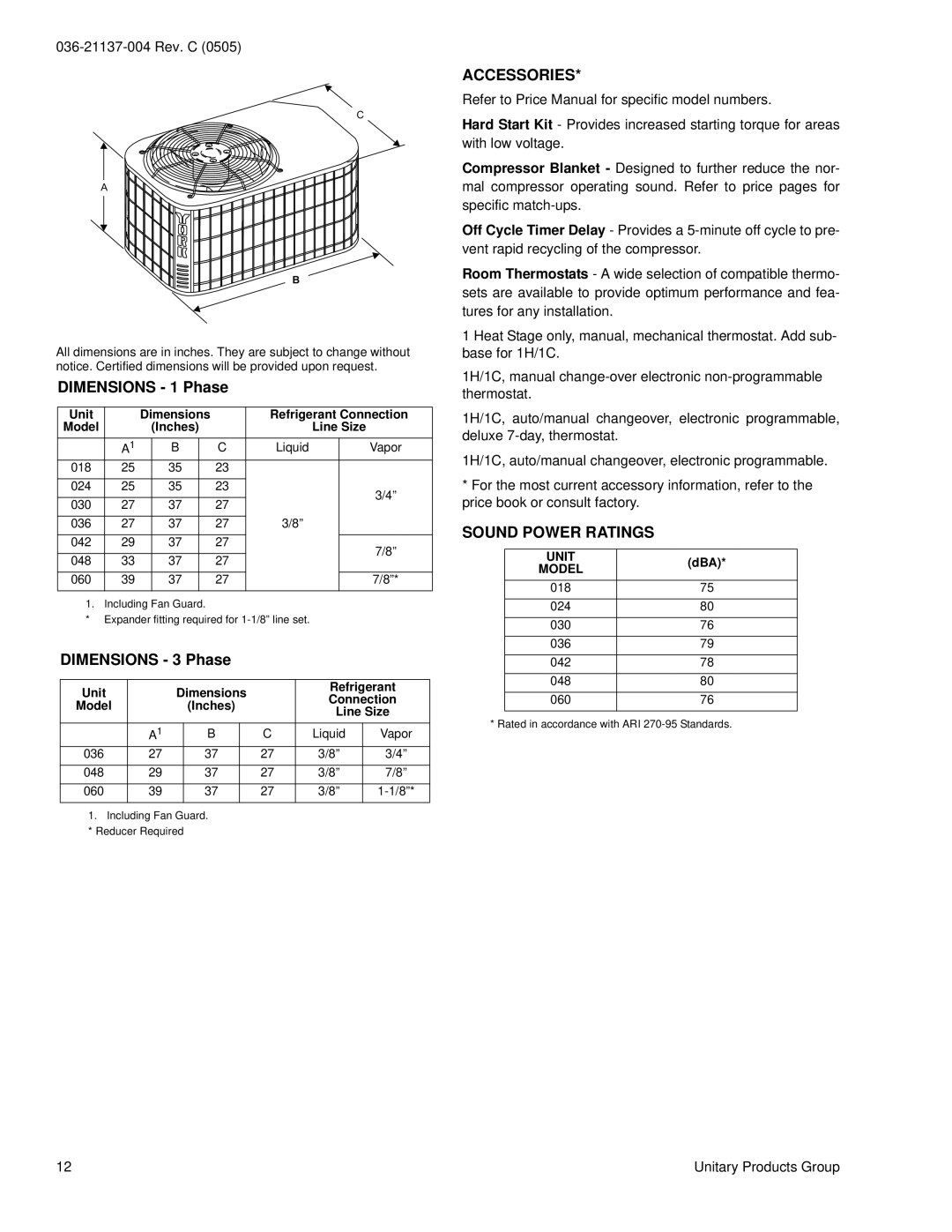 York H*RC036S, H*RC018 THRU 060 warranty Dimensions 1 Phase, Dimensions 3 Phase, Accessories, Sound Power Ratings, Unit 