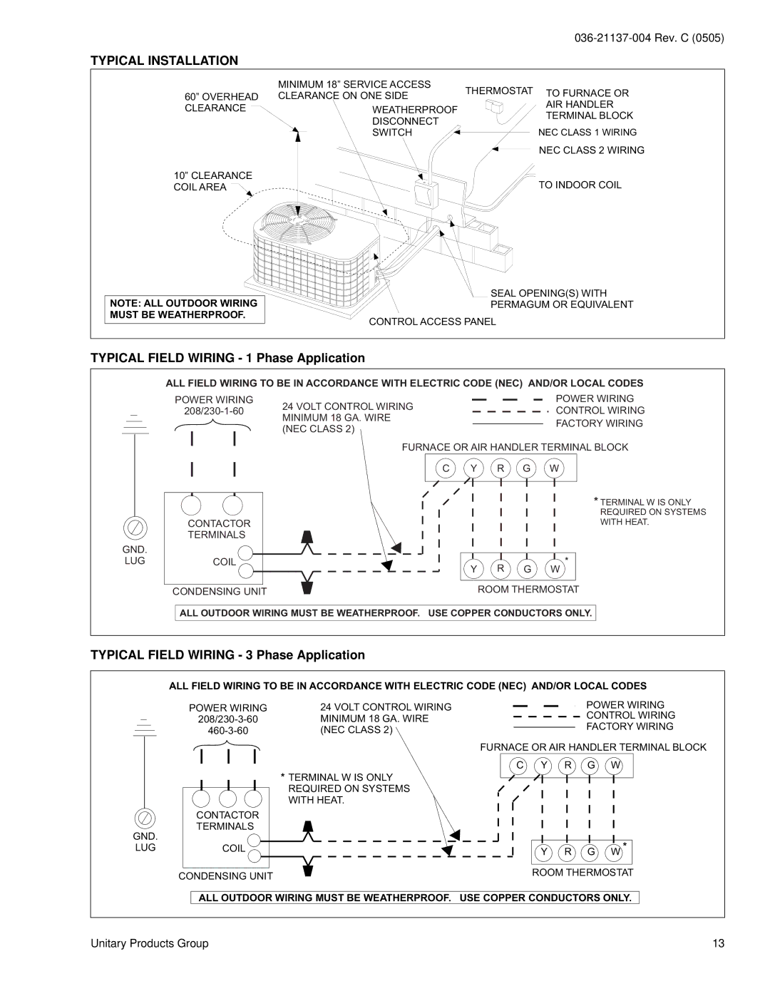 York H*RC018 THRU 060, H*RC036S warranty Typical Installation, Typical Field Wiring 1 Phase Application 