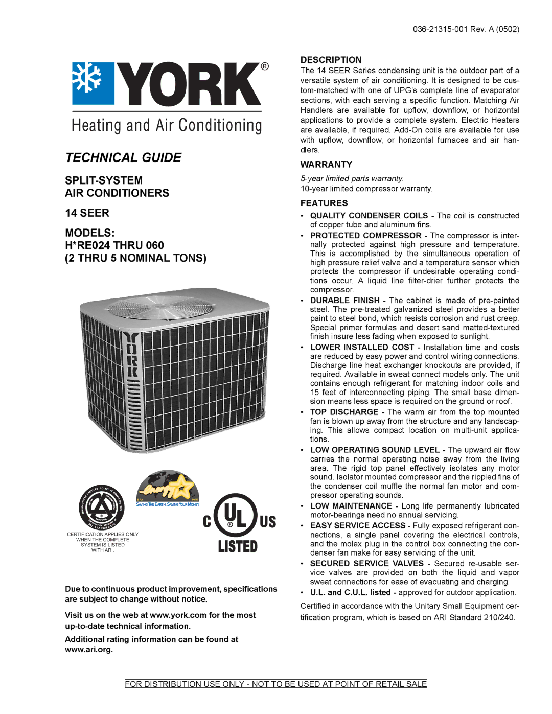 York H*RE024 warranty Description, Warranty, Features 