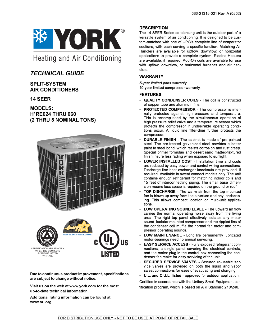 York H*RE024 warranty Description, Warranty, Features, Technical Guide, SPLIT-SYSTEM AIR CONDITIONERS 14 SEER 