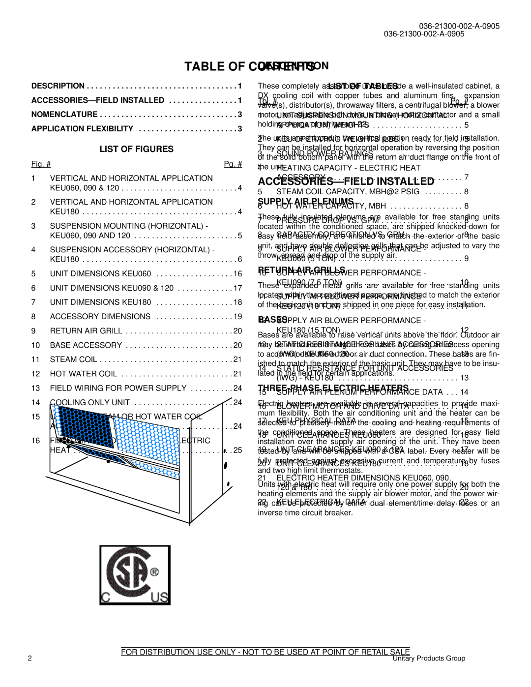 York K4EU090, K2EU060, K3EU120, K3EU180 manual Table of Contents 