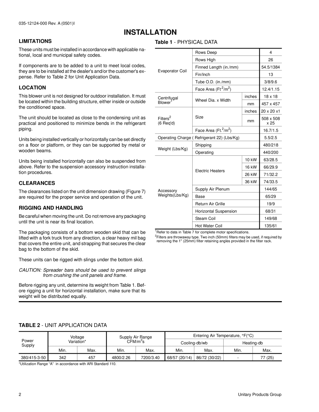 York K3EU180A50 installation instructions Installation, Limitations, Location, Clearances, Rigging and Handling 