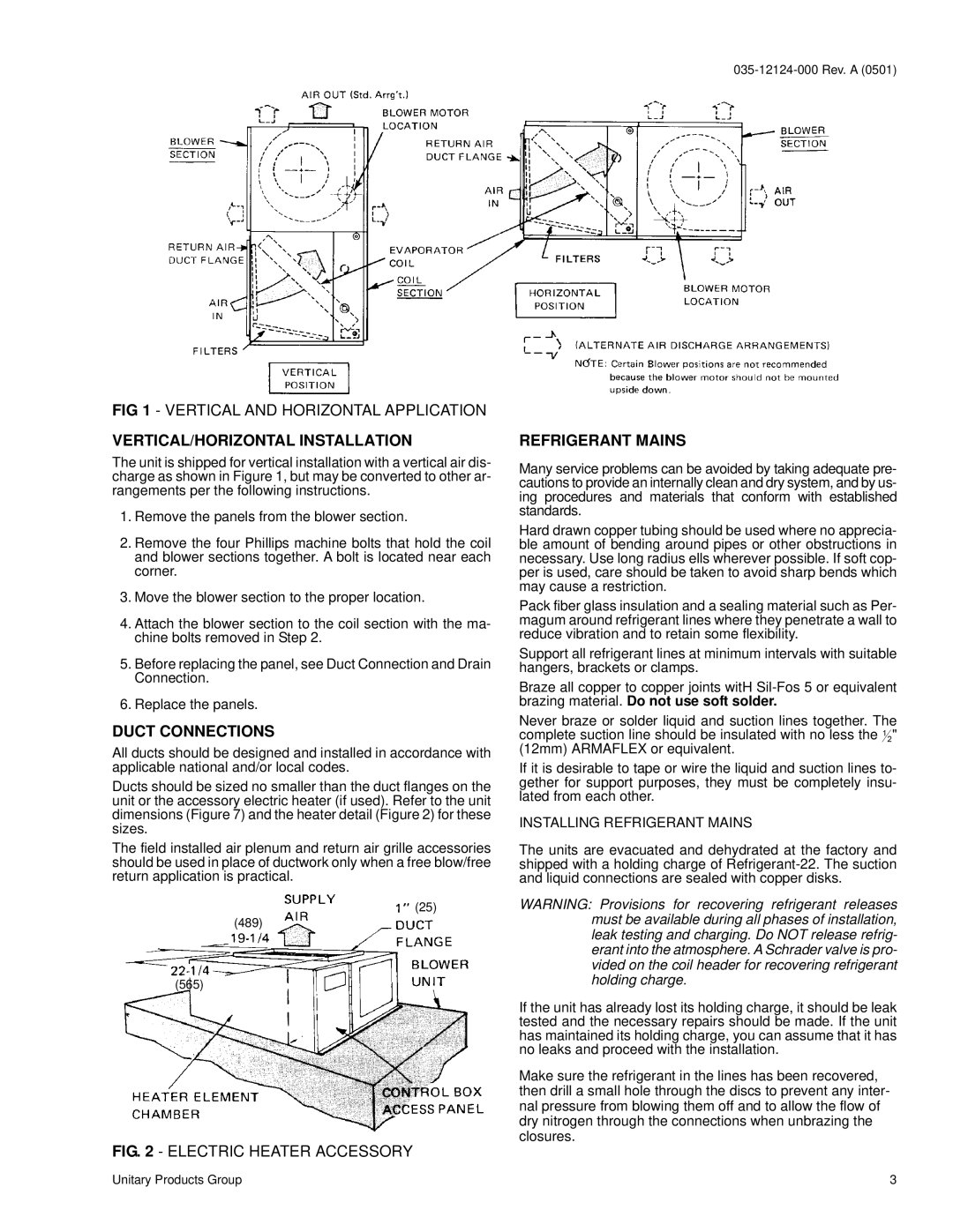 York K3EU180A50 Vertical and Horizontal Application, VERTICAL/HORIZONTAL Installation, Duct Connections, Refrigerant Mains 