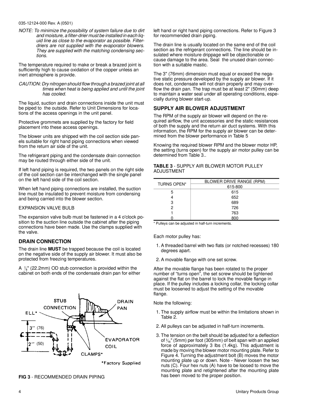 York K3EU180A50 Drain Connection, Supply AIR Blower Adjustment, Expansion Valve Bulb, Recommended Drain Piping 