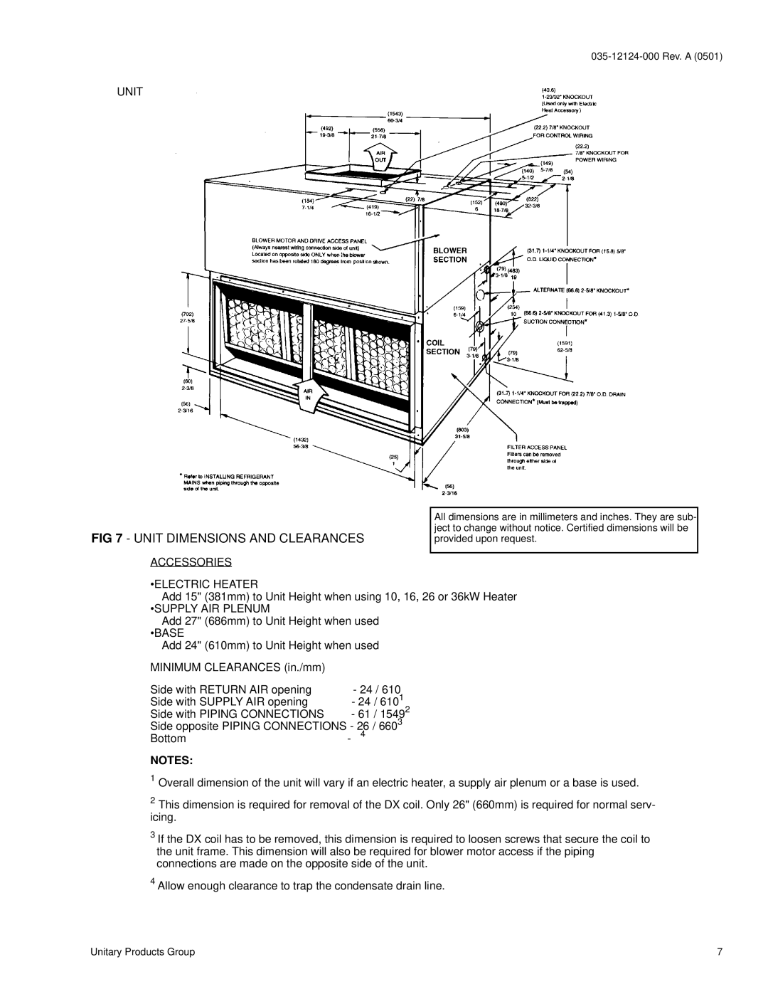 York K3EU180A50 installation instructions Unit Dimensions and Clearances, Accessories Electric Heater, Supply AIR Plenum 