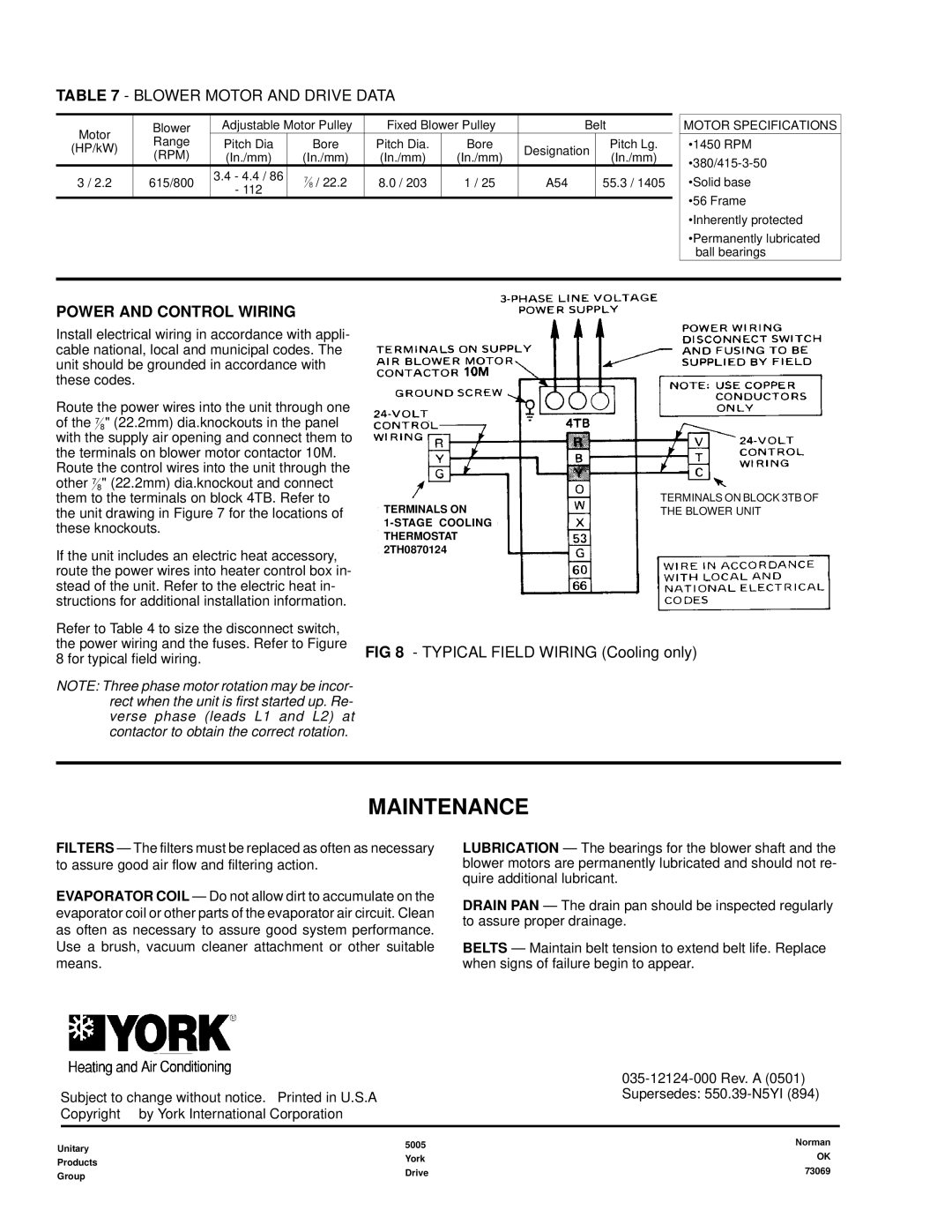 York K3EU180A50 Maintenance, Blower Motor and Drive Data, Power and Control Wiring, Motor Specifications 