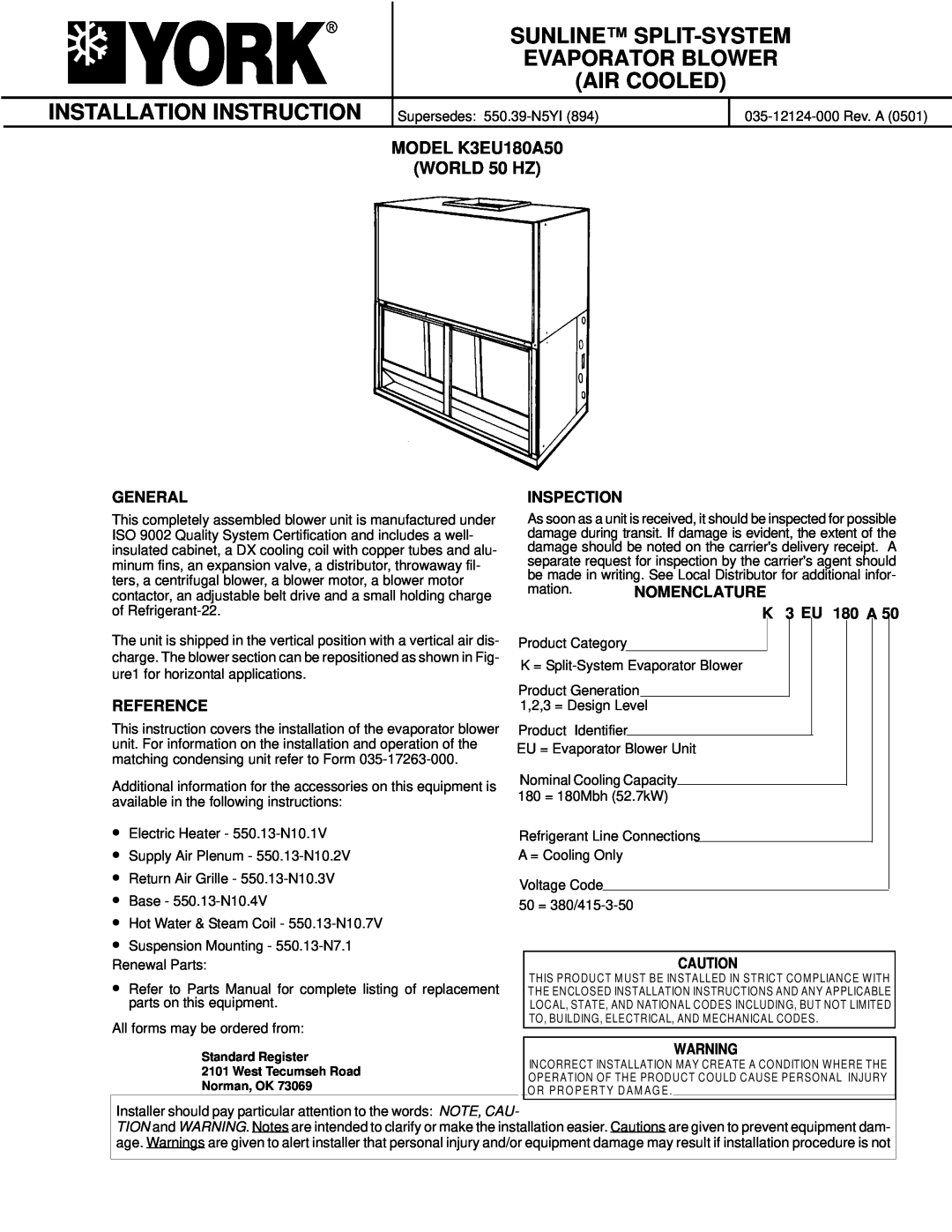 York K3EU180A50 installation instructions Sunline Split-System, General, Reference, Inspection, Evaporator Blower 
