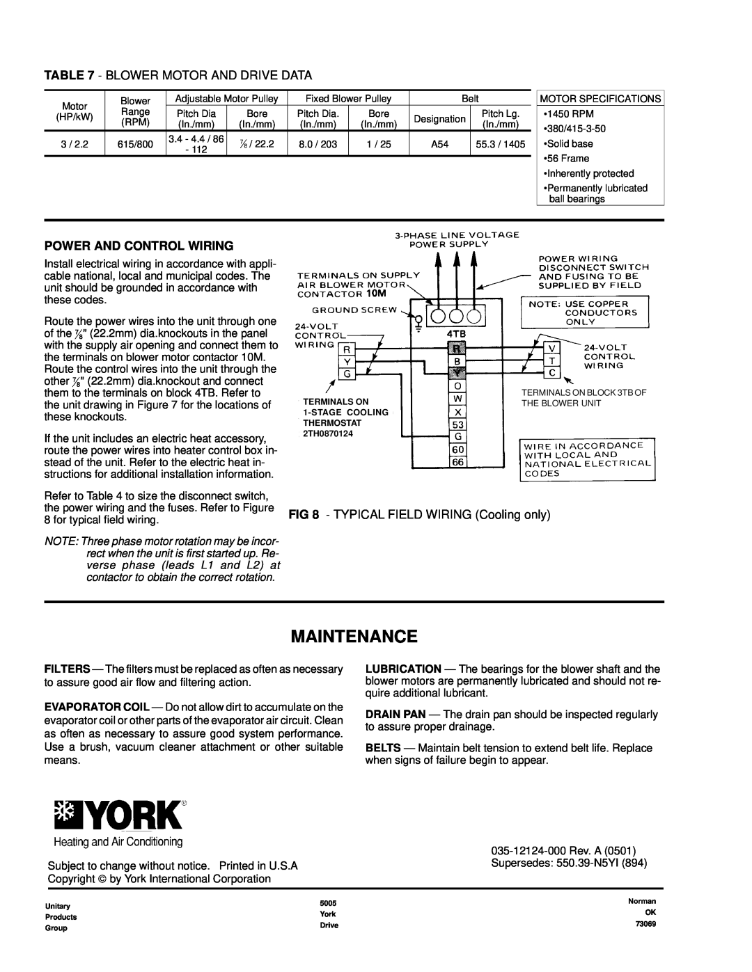 York K3EU180A50 Maintenance, Blower Motor And Drive Data, Power And Control Wiring, TYPICAL FIELD WIRING Cooling only 