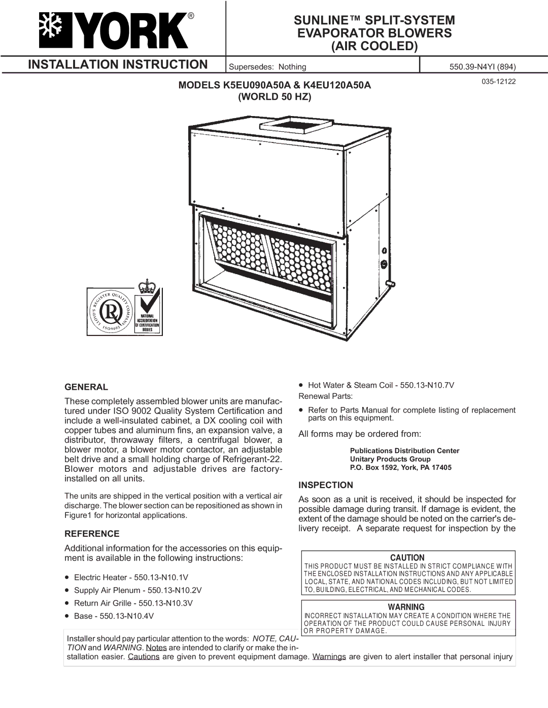 York K4EU120A50A, K5EU090A50A installation instructions General, Inspection, Reference 