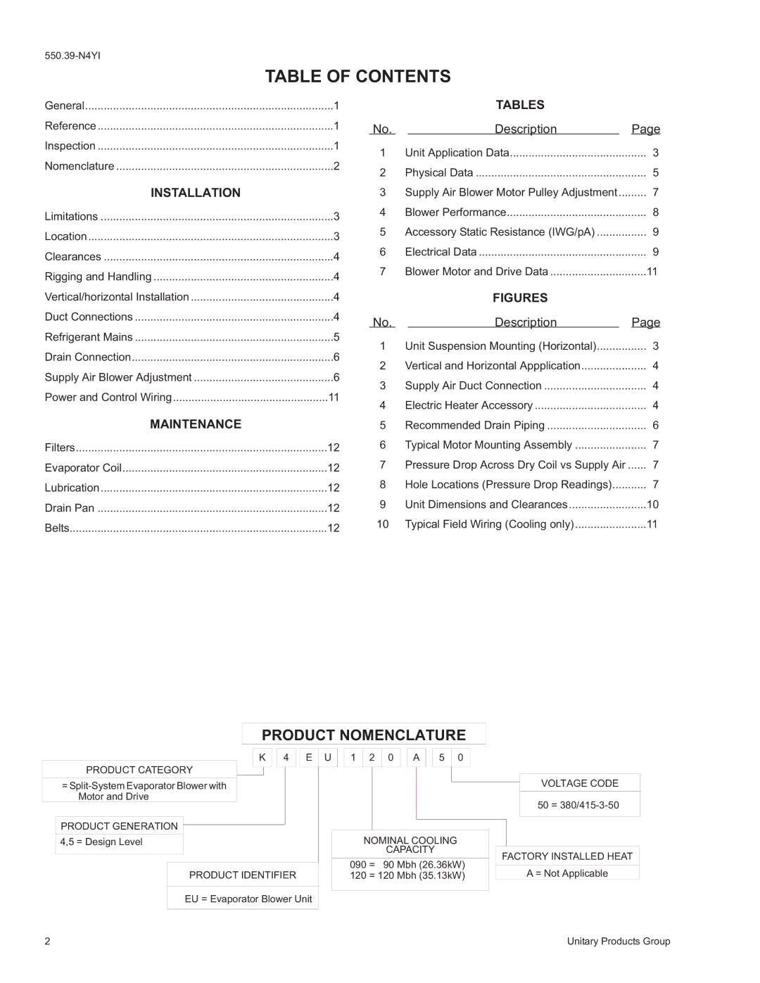 York K5EU090A50A, K4EU120A50A installation instructions Table of Contents 