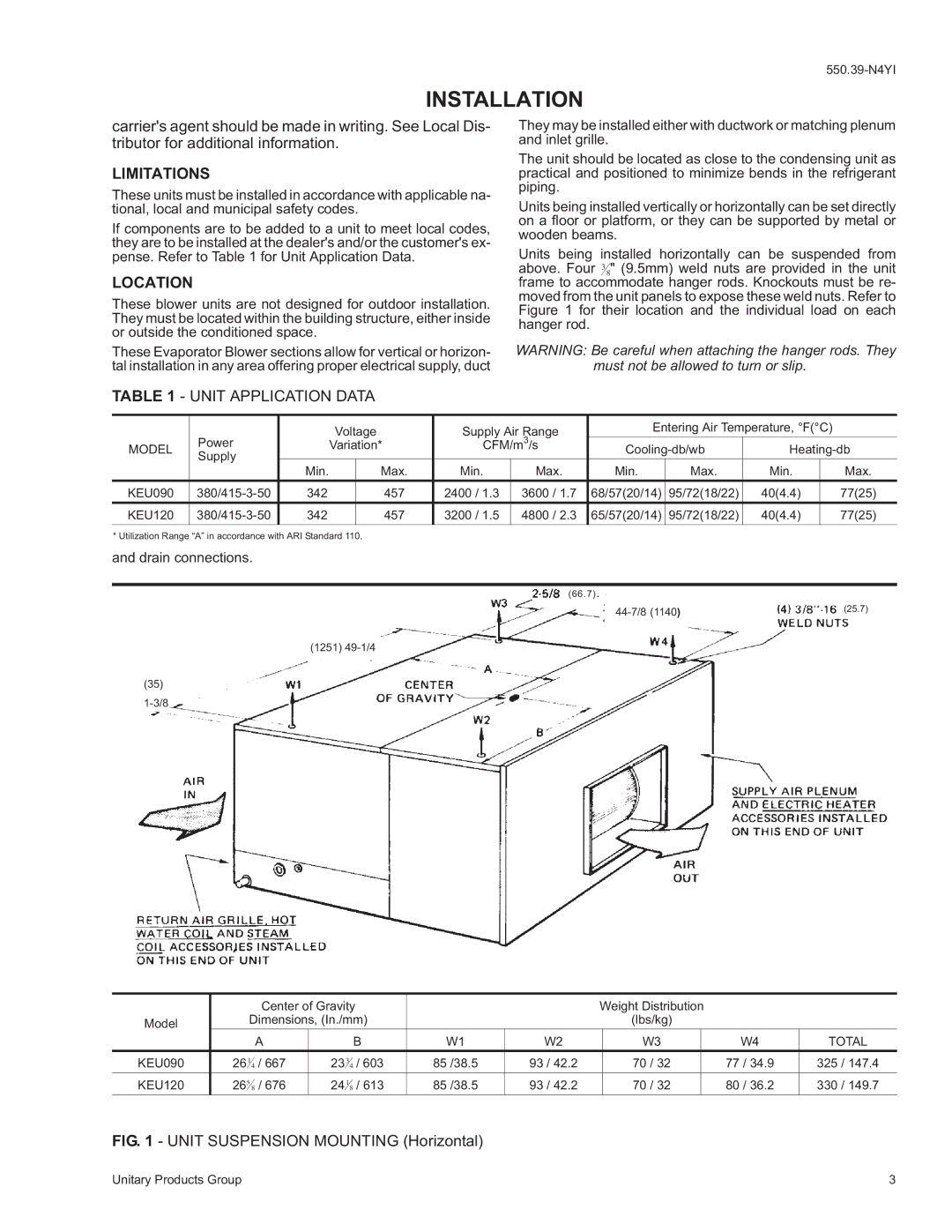 York K4EU120A50A, K5EU090A50A installation instructions Installation, Limitations, Location, Unit Application Data 