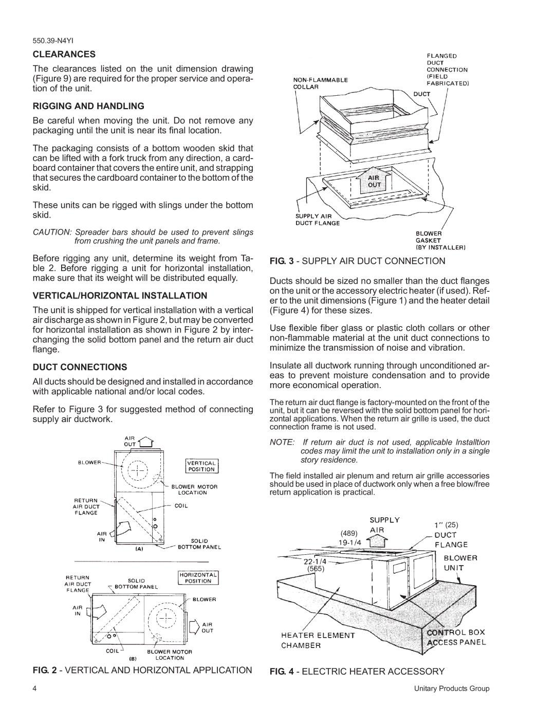 York K5EU090A50A Clearances, Rigging and Handling, VERTICAL/HORIZONTAL Installation, Duct Connections, 489 565 