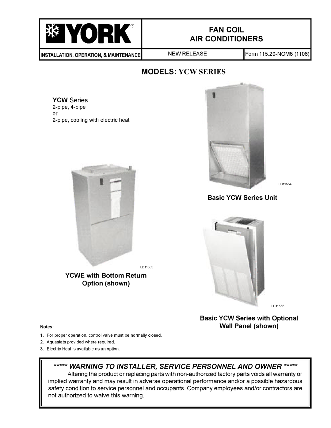 York LD11556, LD11554, LD11555 warranty FAN Coil AIR Conditioners, Models YCW Series 