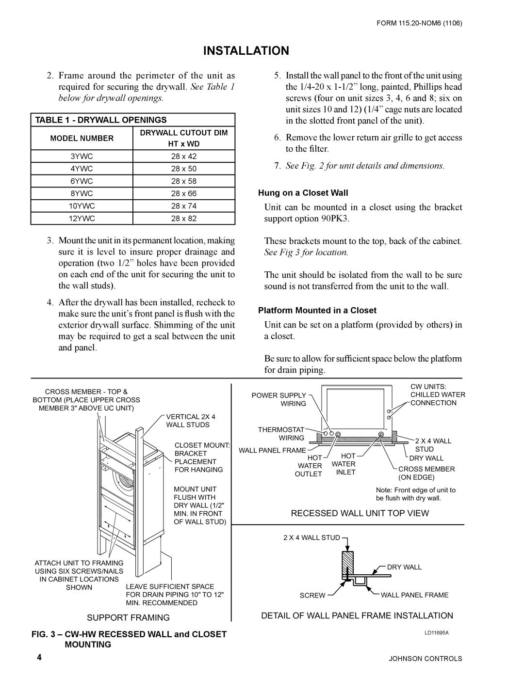 York LD11556, LD11554, LD11555 warranty See for unit details and dimensions 