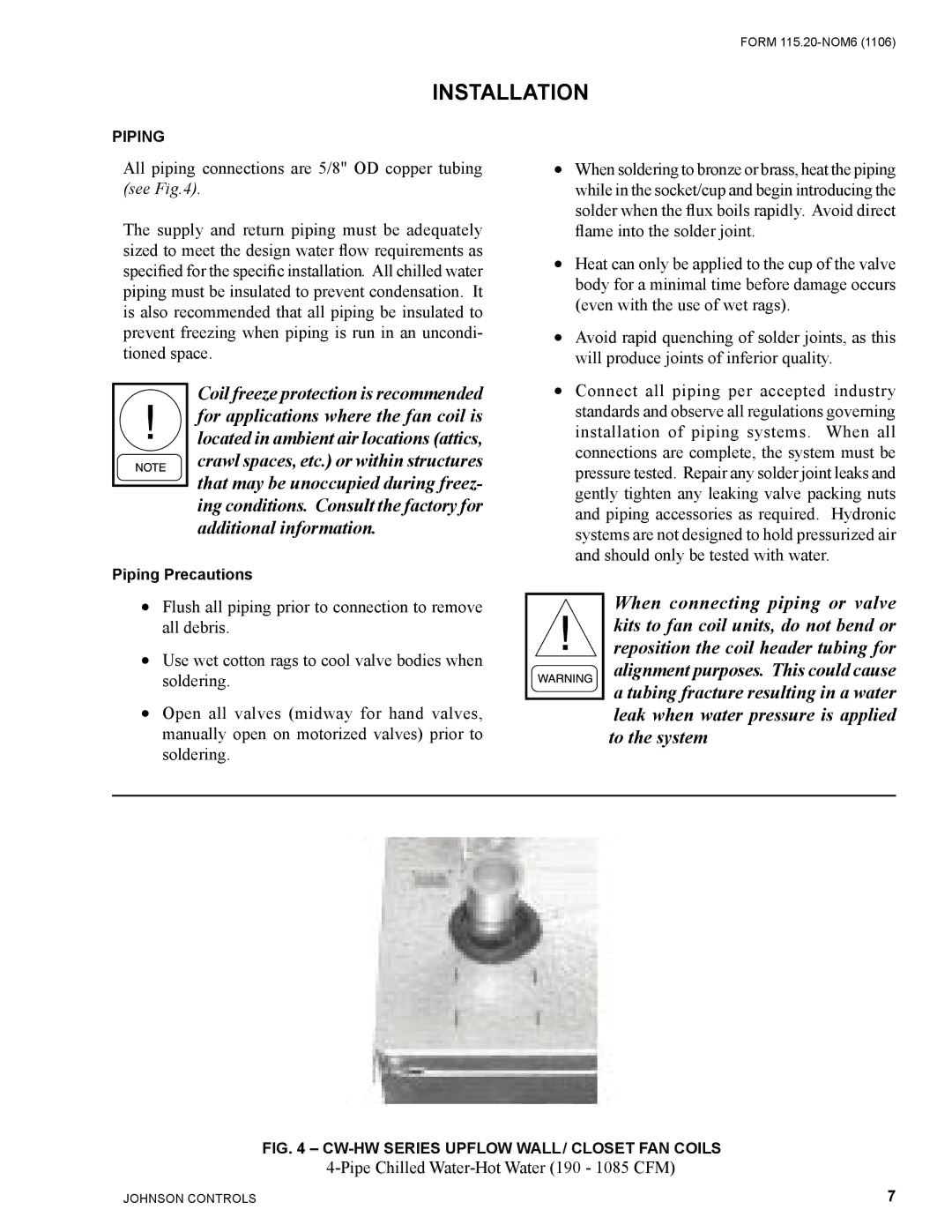 York LD11556, LD11554, LD11555 warranty Pipe Chilled Water-Hot Water 190 1085 CFM 