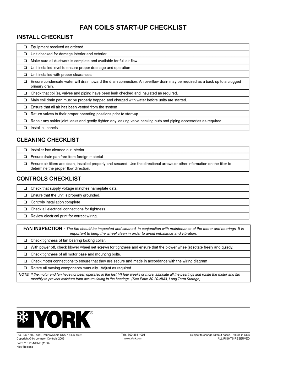 York LD11554, LD11556, LD11555 Fan Coils Start-Upchecklist, Install Checklist, Cleaning Checklist, Controls Checklist 
