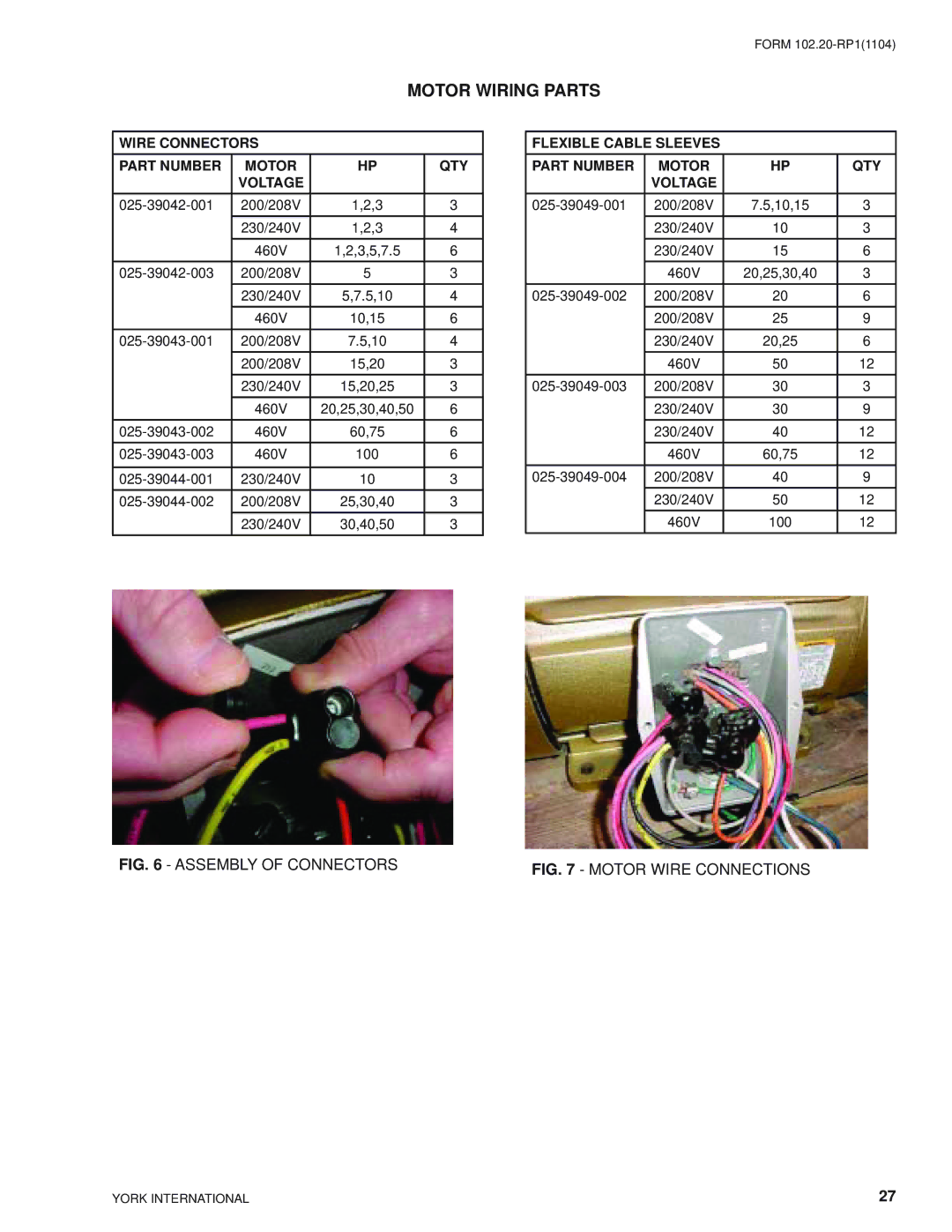 York LDO9624, LDO9688 manual Motor Wiring Parts, Wire Connectors Part Number Motor QTY Voltage 