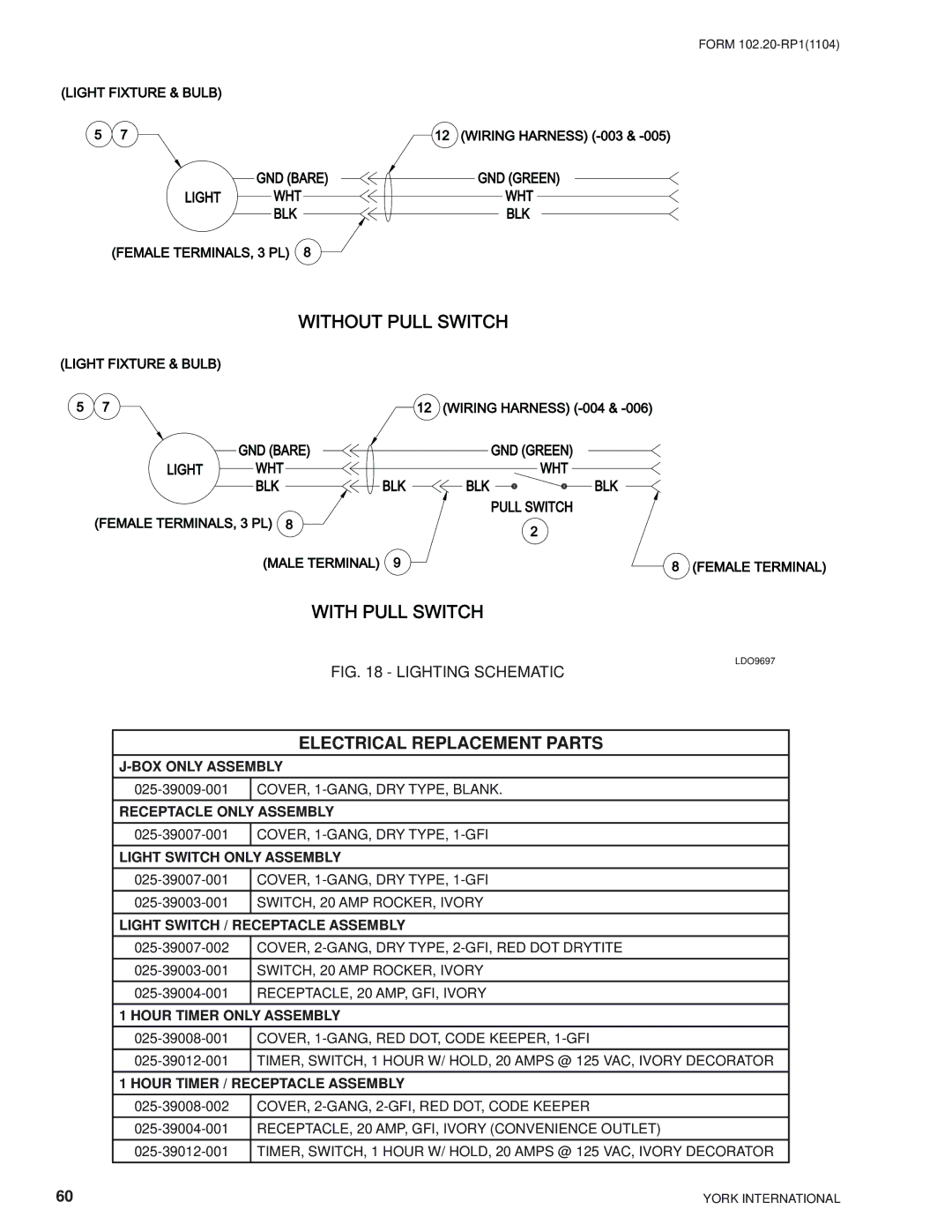 York LDO9688, LDO9624 manual Without Pull Switch, Electrical Replacement Parts 