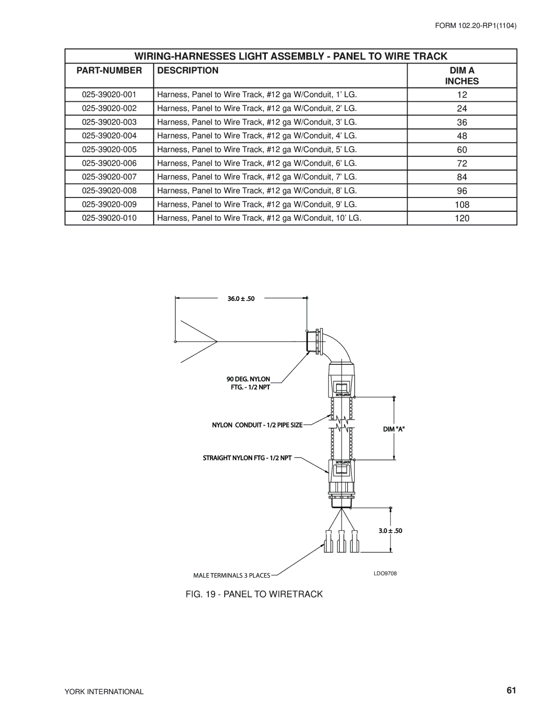 York LDO9624, LDO9688 manual WIRING-HARNESSES Light Assembly Panel to Wire Track, PART-NUMBER Description DIM a Inches 