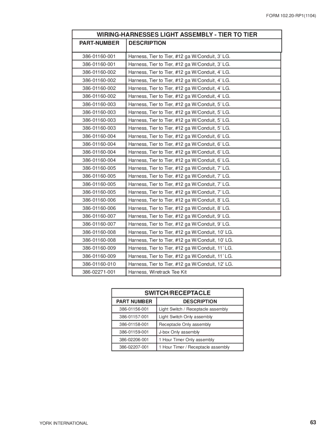 York LDO9624, LDO9688 manual WIRING-HARNESSES Light Assembly Tier to Tier, Switch/Receptacle 