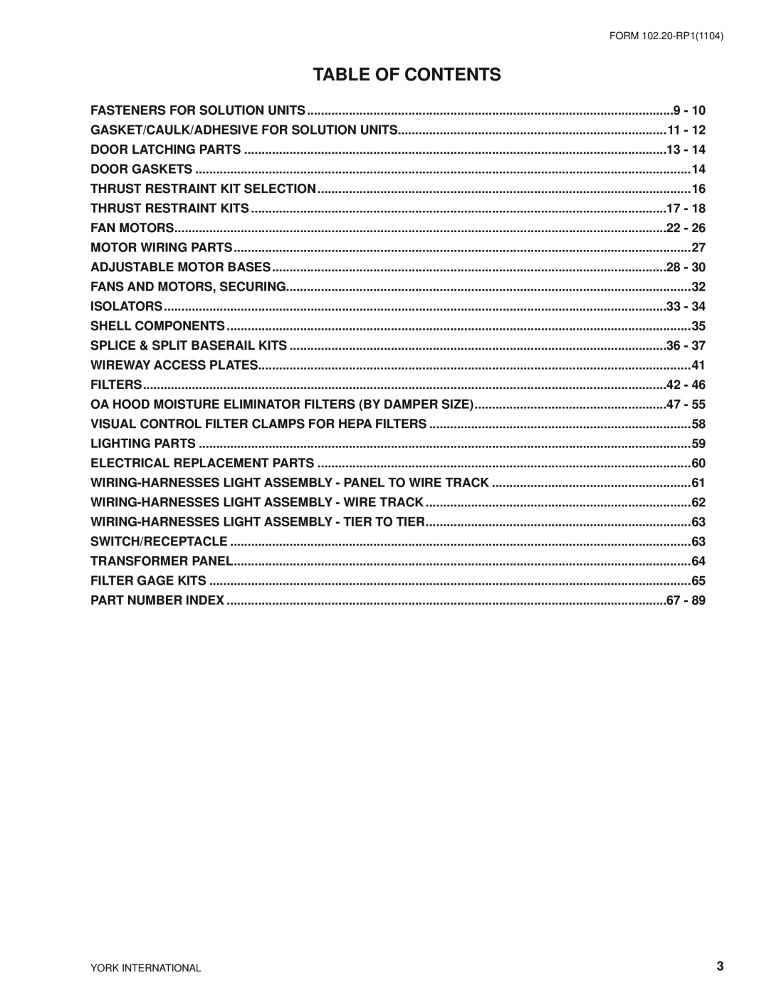 York LDO9624, LDO9688 manual Table Of Contents 