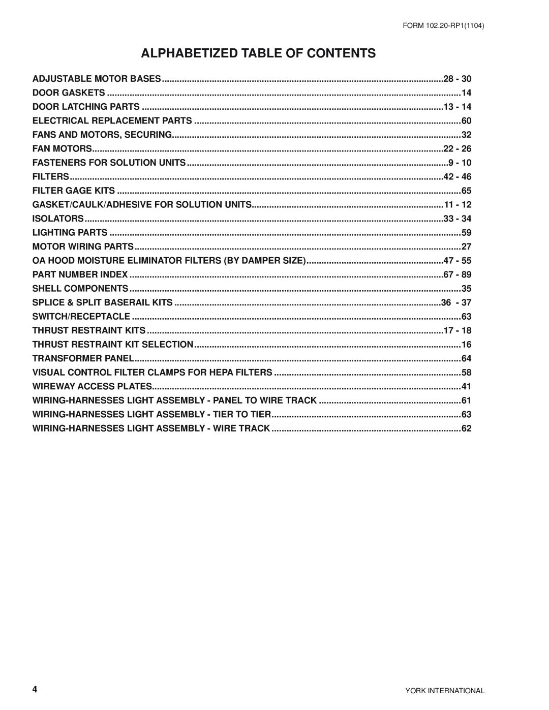 York LDO9688, LDO9624 manual Alphabetized Table Of Contents 