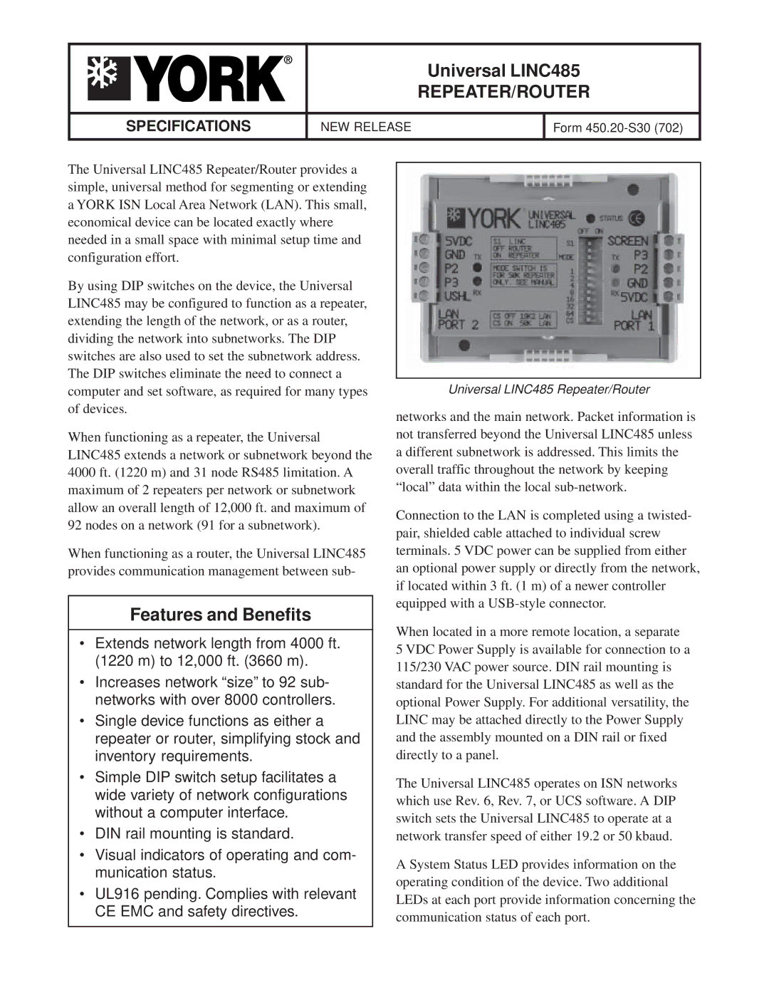 York LINC485 specifications Repeater/Router, Specifications 