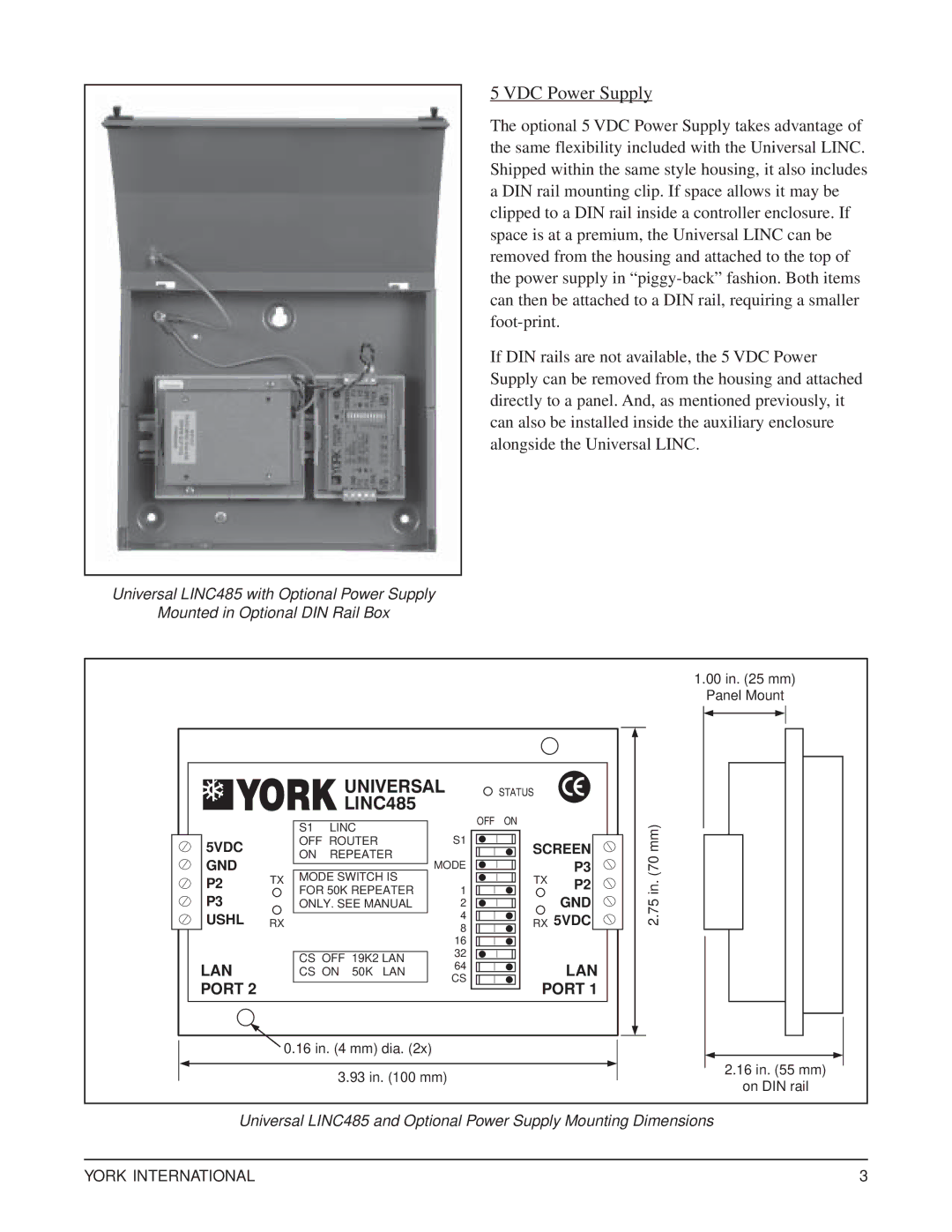 York specifications VDC Power Supply, Universal Status LINC485 