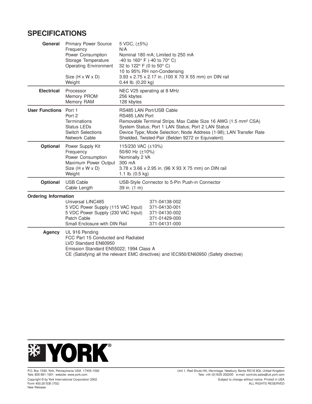 York LINC485 specifications Specifications, General 