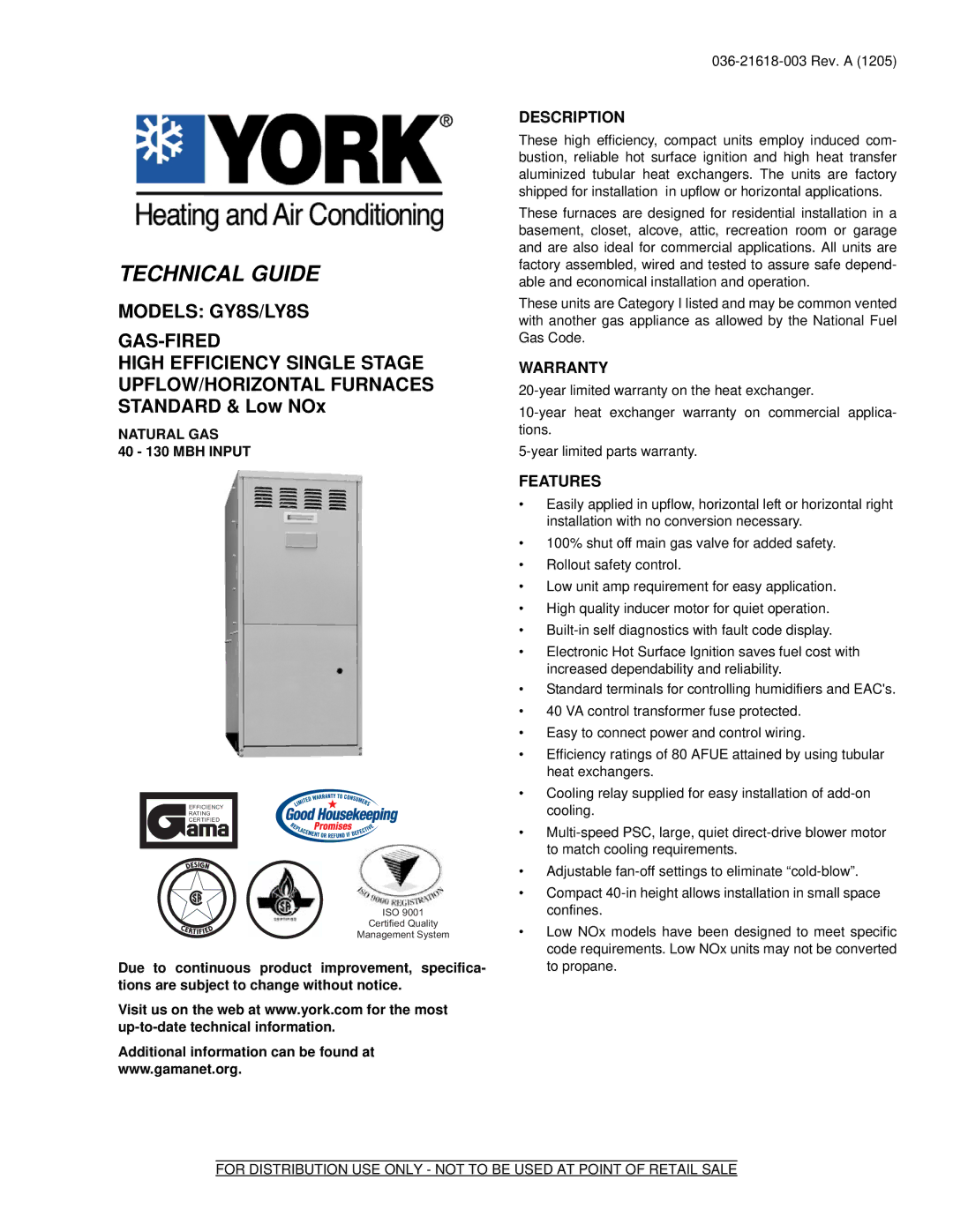 York LY8S warranty Description, Warranty, Features, Natural GAS 