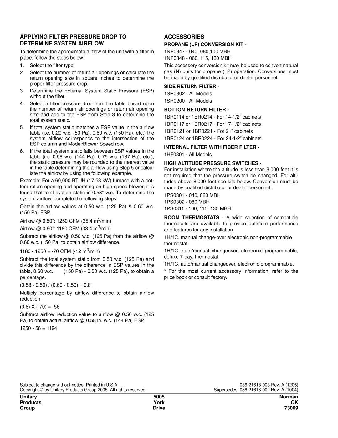 York LY8S warranty Applying Filter Pressure Drop to Determine System Airflow, Accessories 