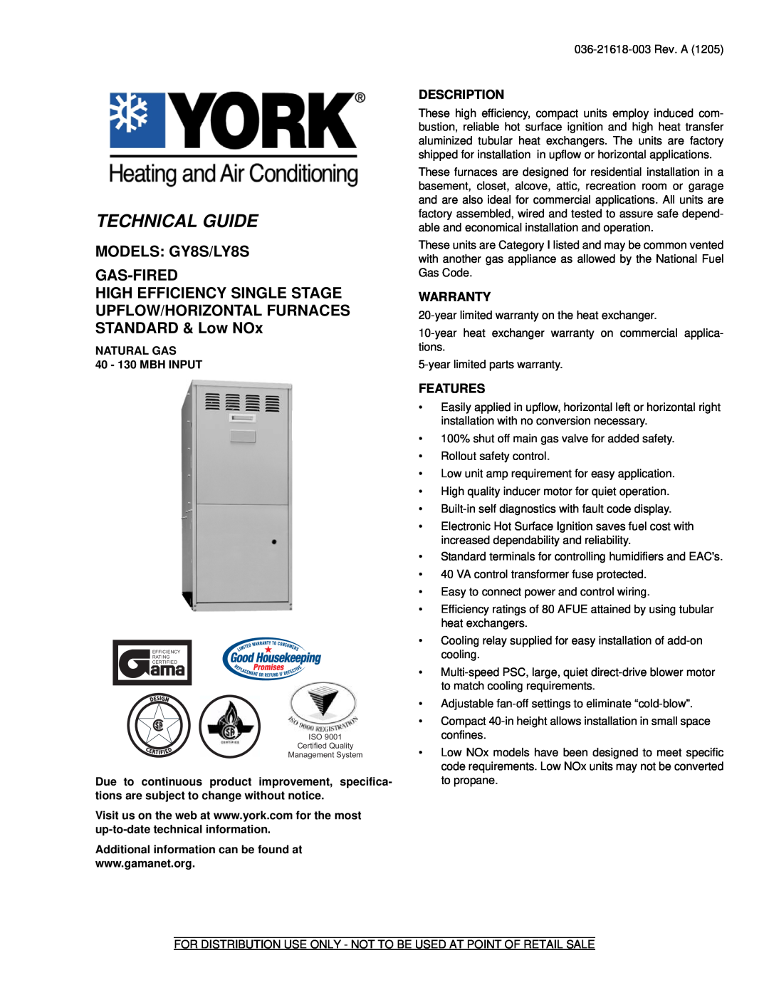 York warranty Description, Warranty, Features, Technical Guide, MODELS GY8S/LY8S GAS-FIRED 