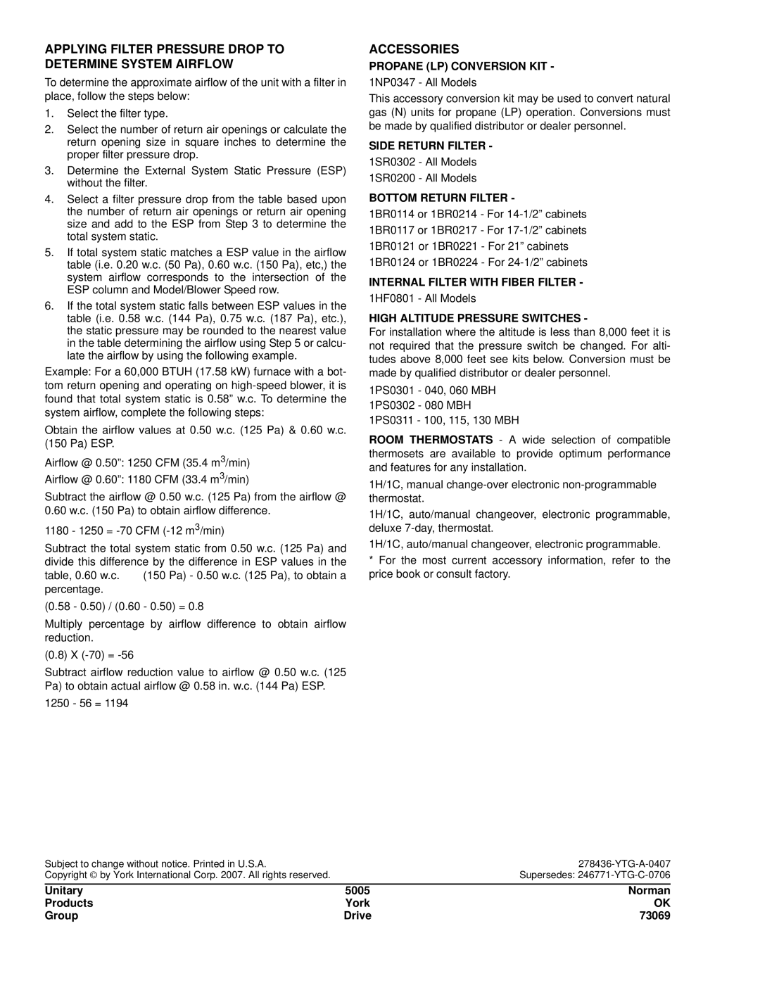 York LY8S*UH, GY8S*UH warranty Applying Filter Pressure Drop to Determine System Airflow, Accessories 