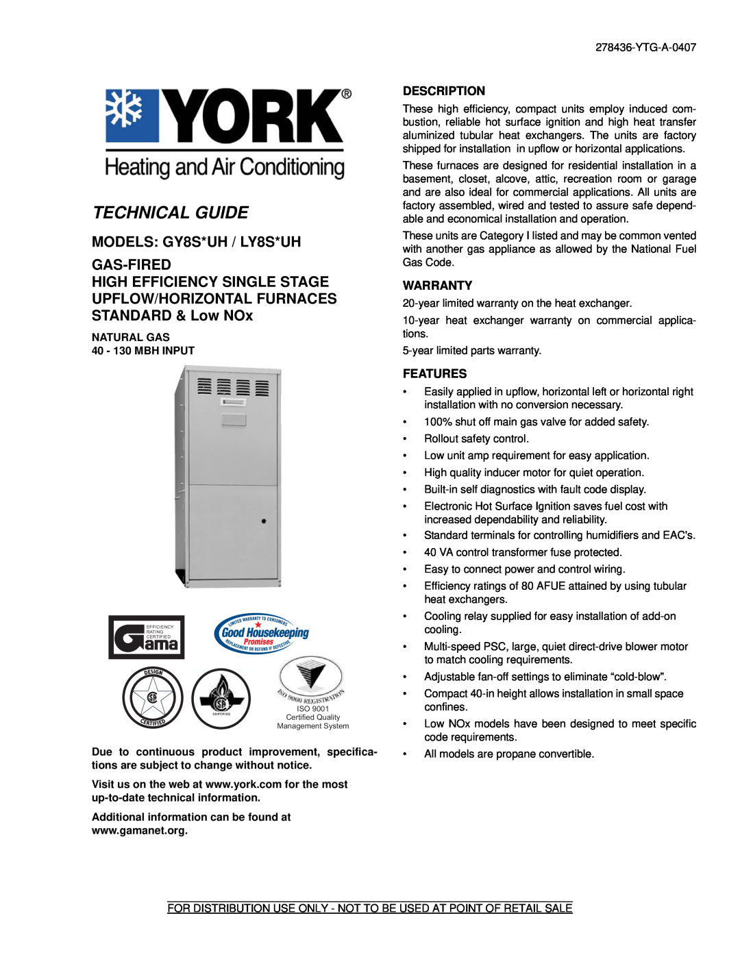 York warranty Description, Warranty, Features, Technical Guide, MODELS GY8S*UH / LY8S*UH GAS-FIRED 