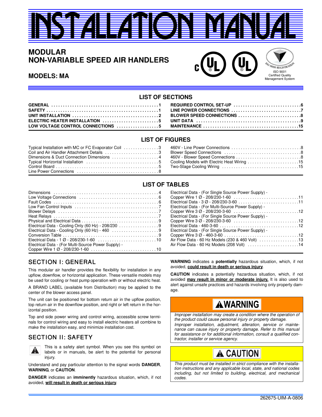 York MA installation manual List of Sections, List of Figures, List of Tables, Section I General, Section II Safety 