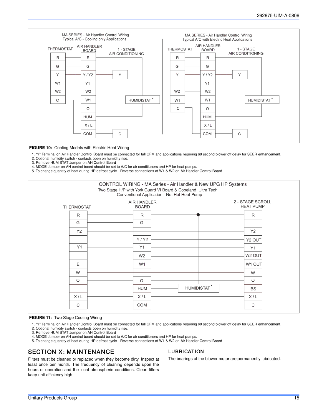 York MA installation manual Section X Maintenance, Lubrication, Bearings of the blower motor are permanently lubricated 