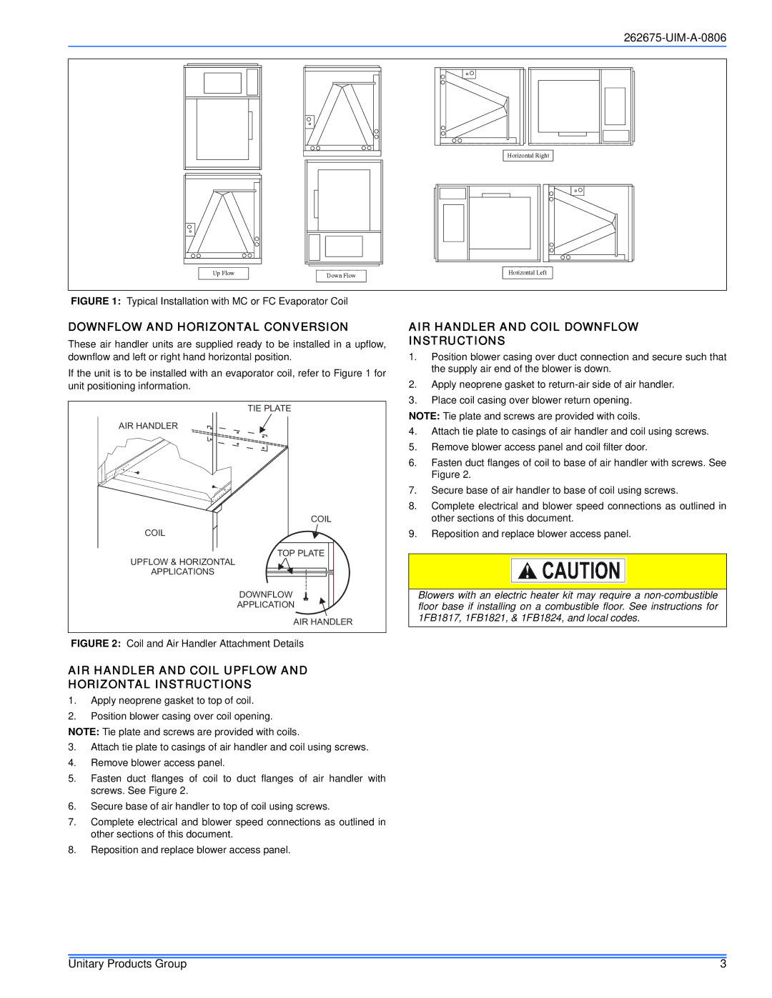 York MA installation manual Downflow and Horizontal Conversion, AIR Handler and Coil Upflow and Horizontal Instructions 