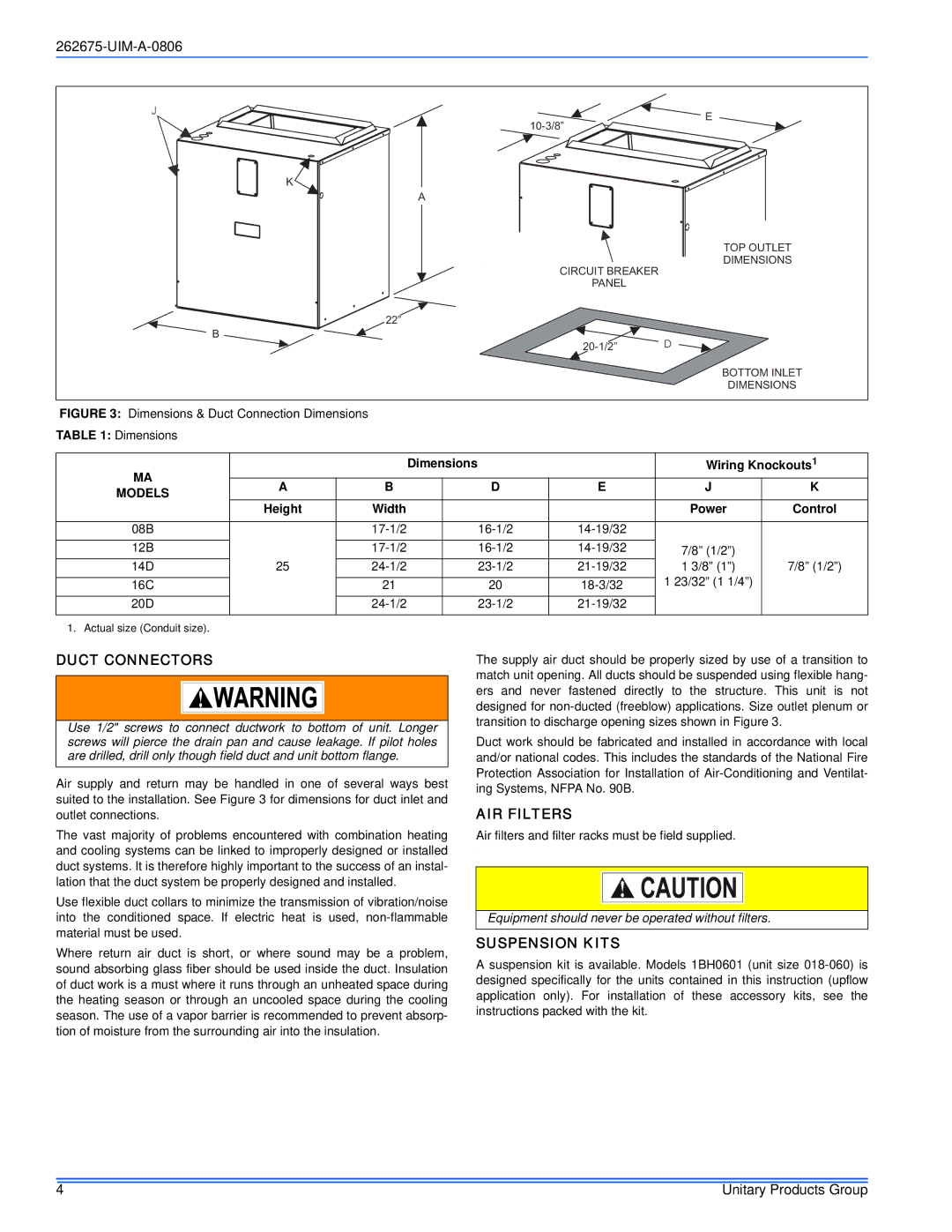 York MA installation manual Duct Connectors, AIR Filters, Suspension Kits, Dimensions Wiring Knockouts1, Power 