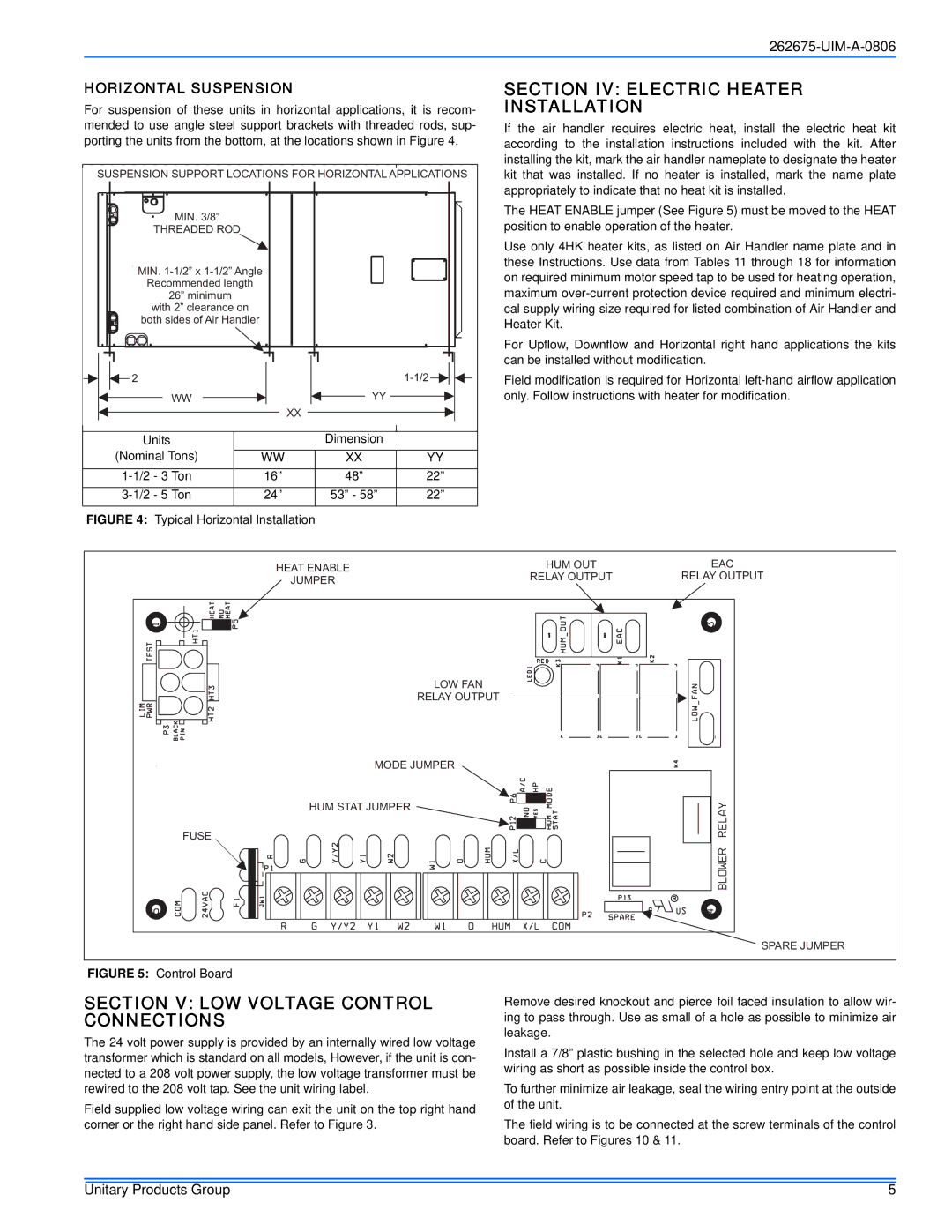 York MA Section IV Electric Heater Installation, Section V LOW Voltage Control Connections, Horizontal Suspension 