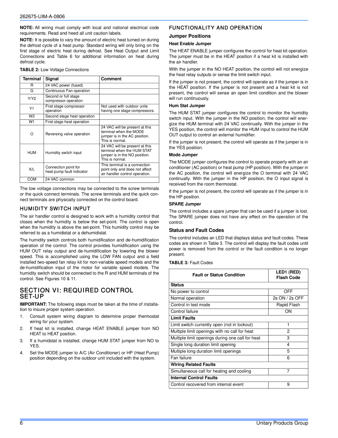 York MA installation manual Section VI Required Control, Set-Up, Functionality and Operation, Humidity Switch Input 