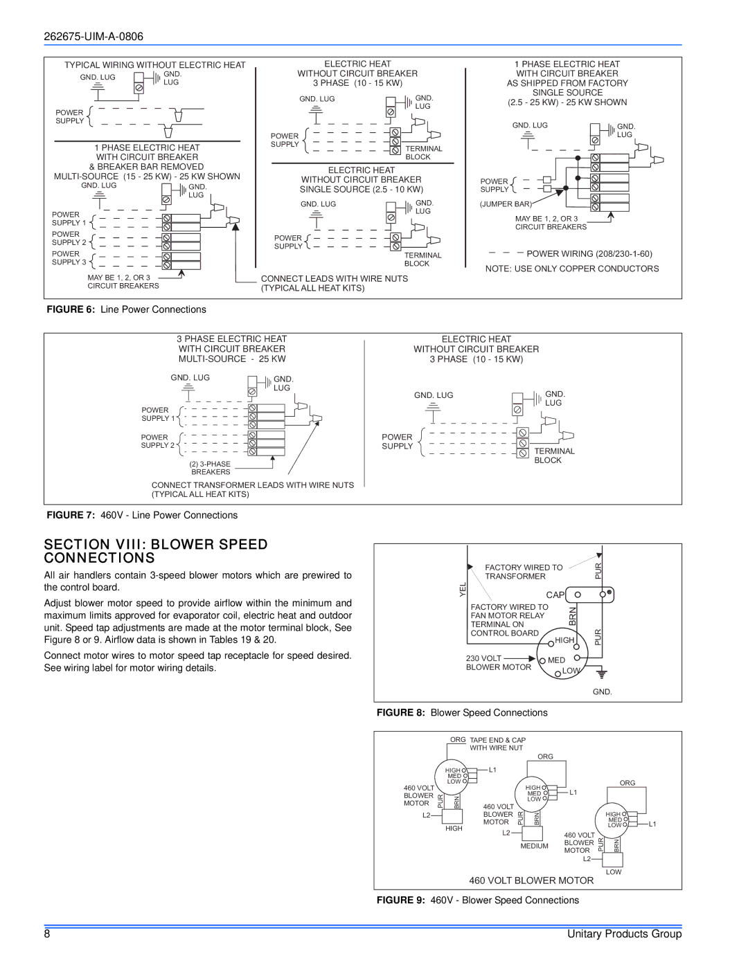 York MA installation manual Section Viii Blower Speed Connections, Line Power Connections 