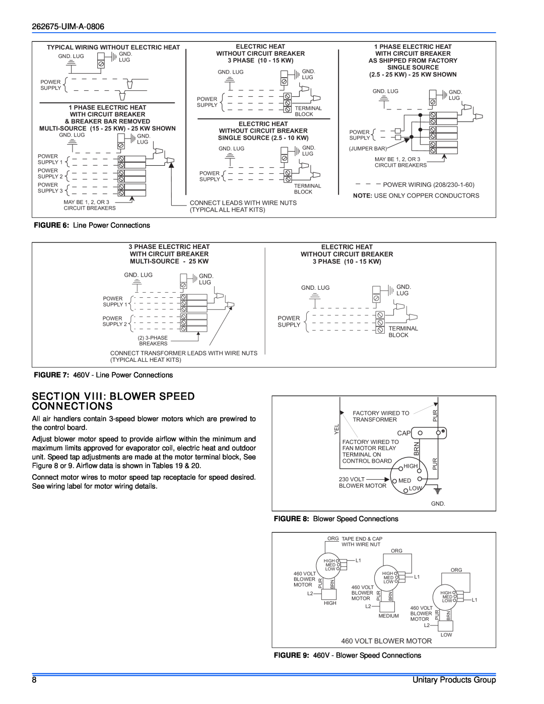 York MA installation manual Section Viii Blower Speed Connections, UIM-A-0806 