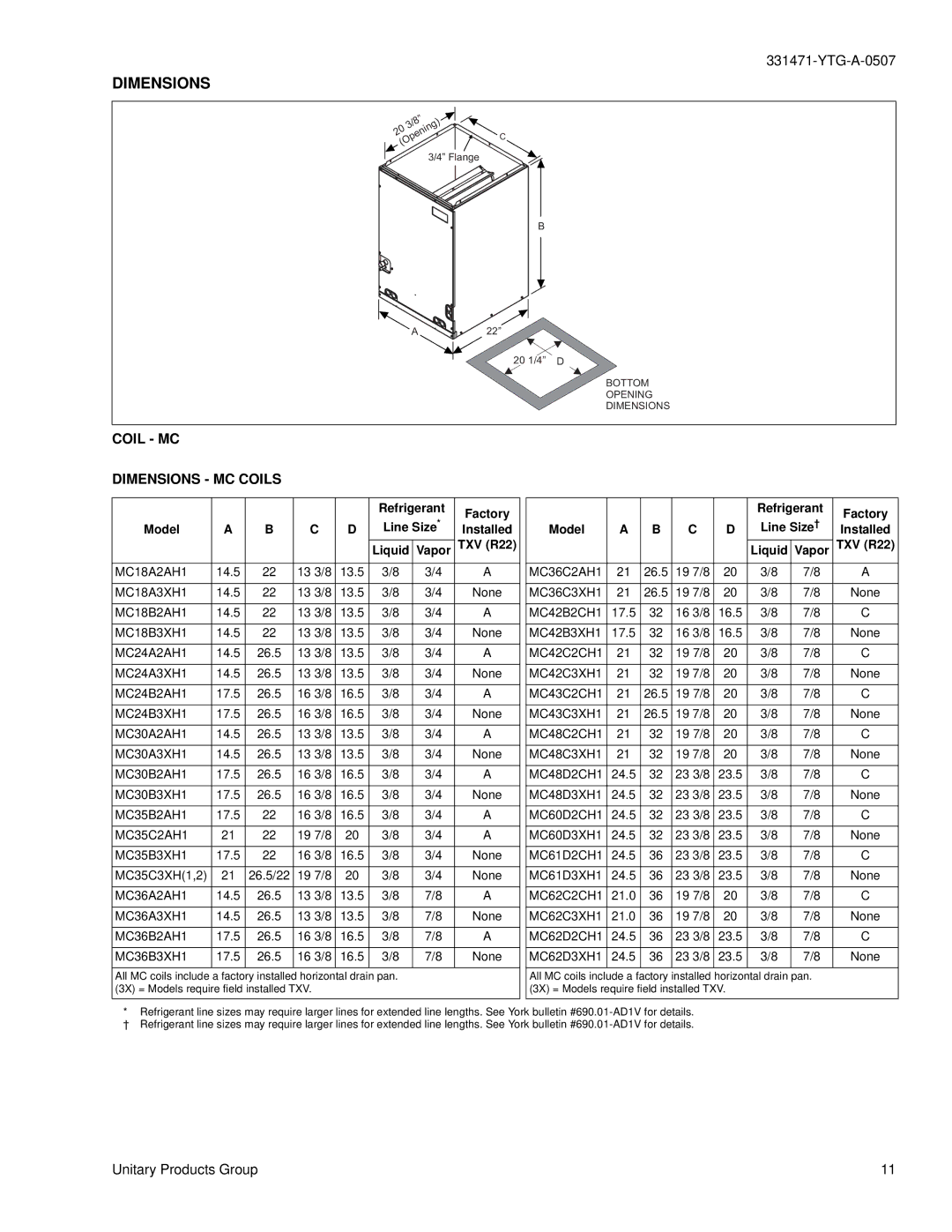 York MH specifications Coil MC Dimensions MC Coils 