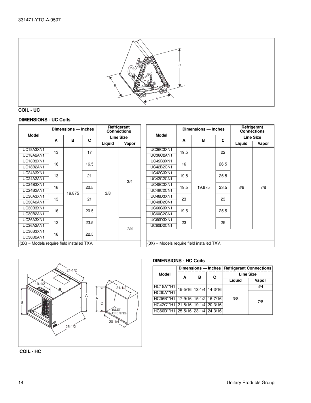 York MH specifications Coil UC, Dimensions UC Coils, Coil HC, Dimensions HC Coils 