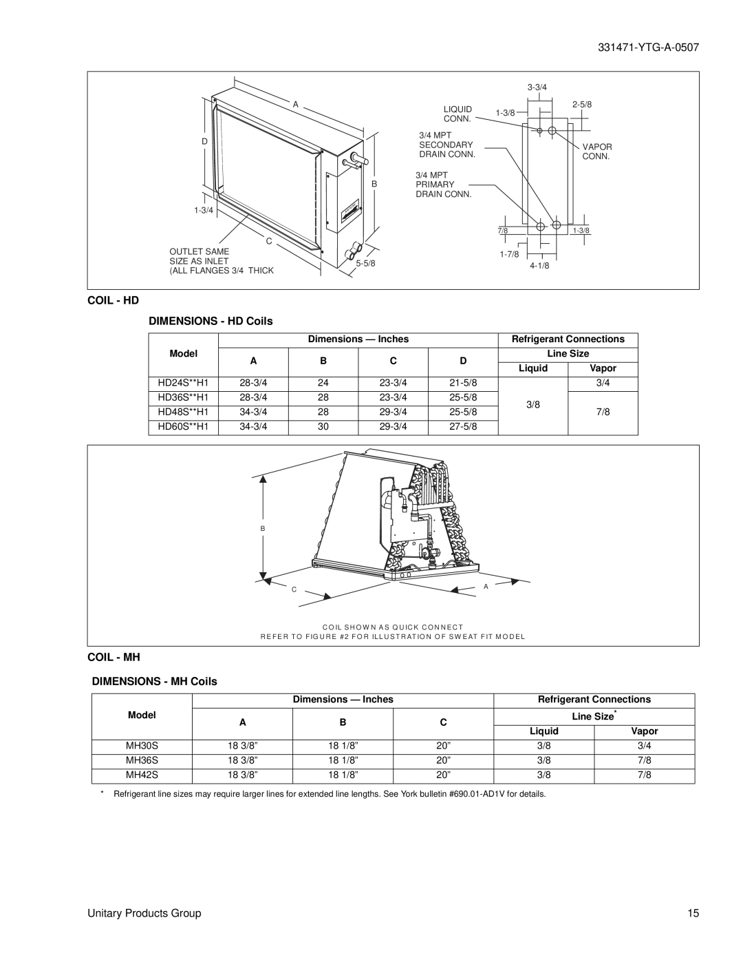 York specifications Coil HD, Dimensions HD Coils, Coil MH, Dimensions MH Coils 