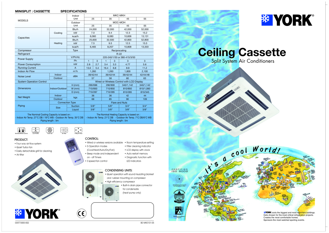 York MOC-MOH specifications Ceiling Cassette, Split System Air Conditioners, Minisplit Cassette, Specifications, Product 