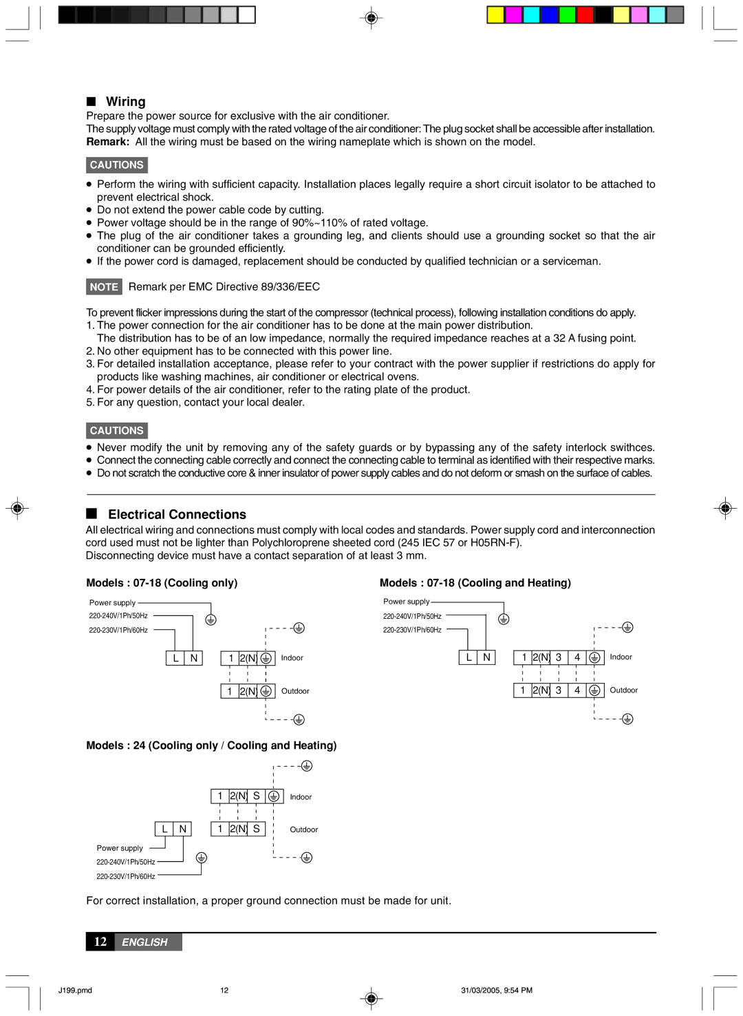 York MLCA-MLHA-07-24 owner manual Electrical Connections, Models 07-18 Cooling only Models 07-18 Cooling and Heating 