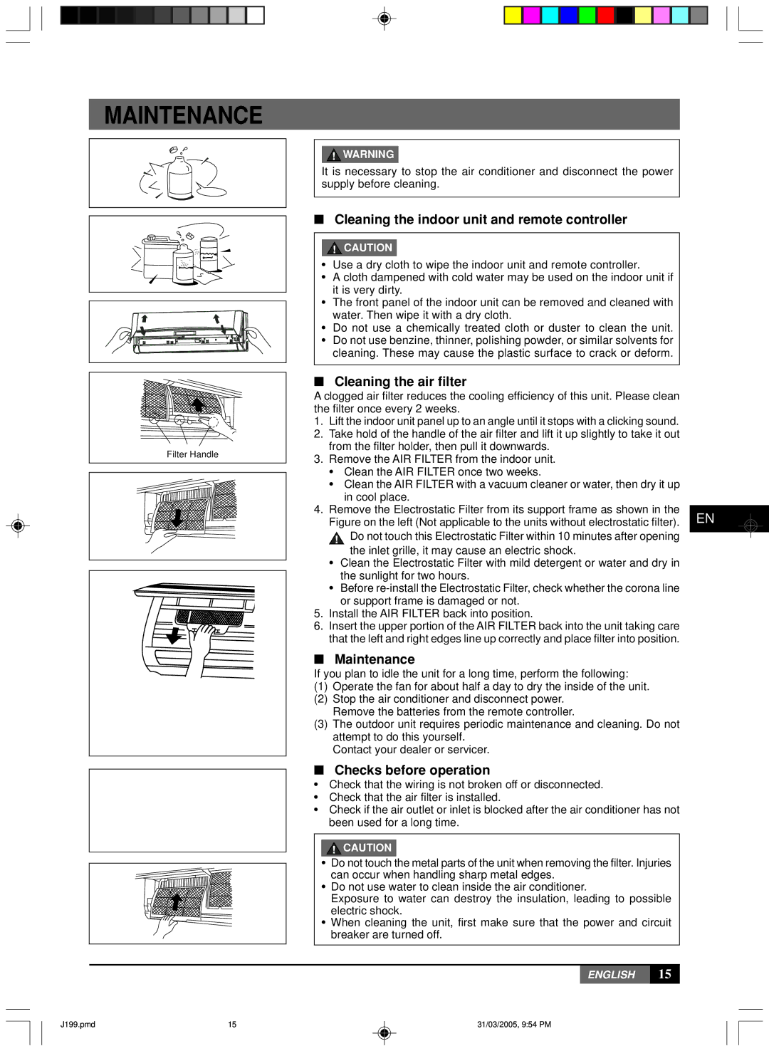 York MLCA-MLHA-07-24 owner manual Maintenance, Cleaning the indoor unit and remote controller, Cleaning the air filter 