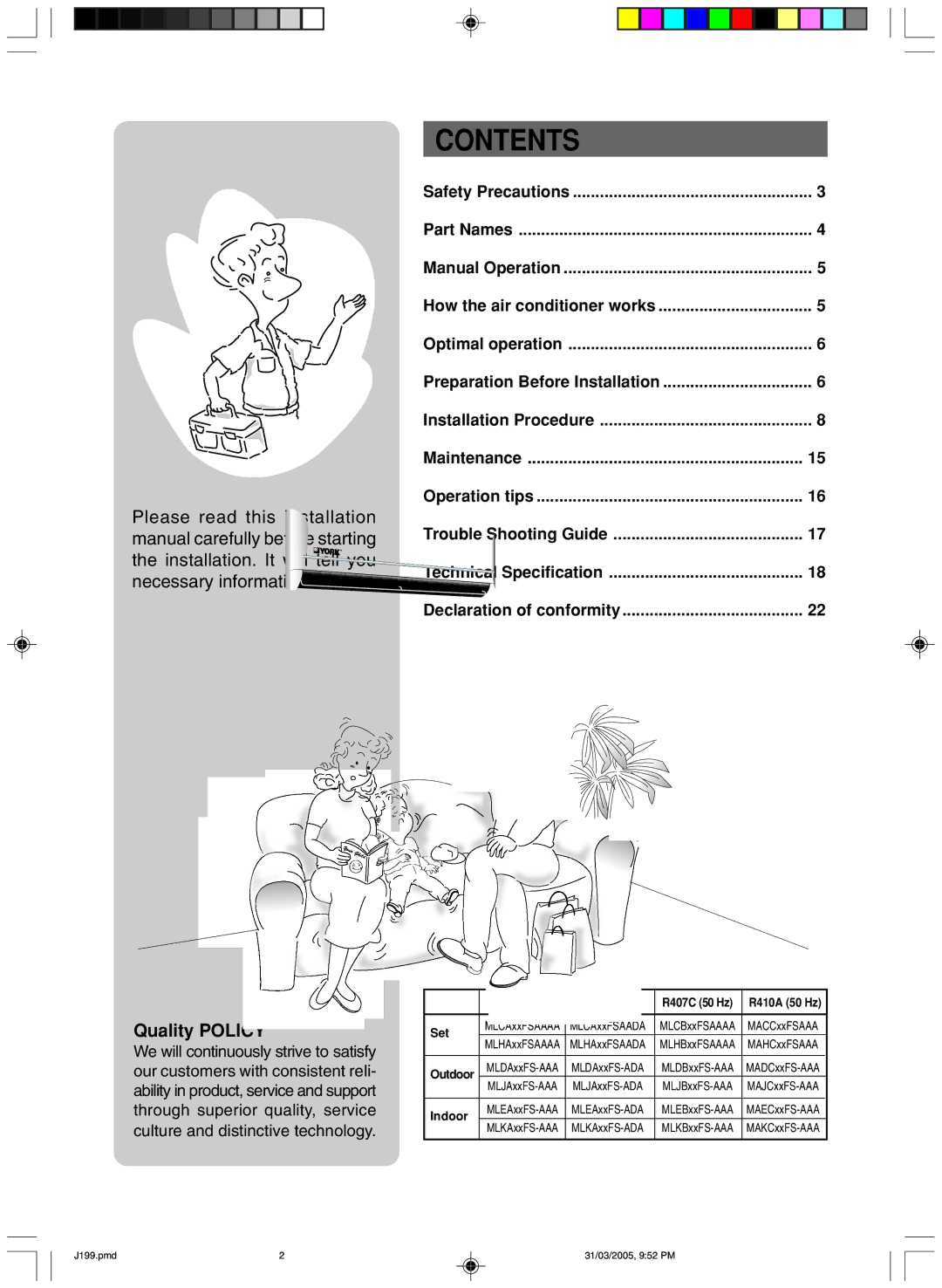 York MLCA-MLHA-07-24 owner manual Contents 