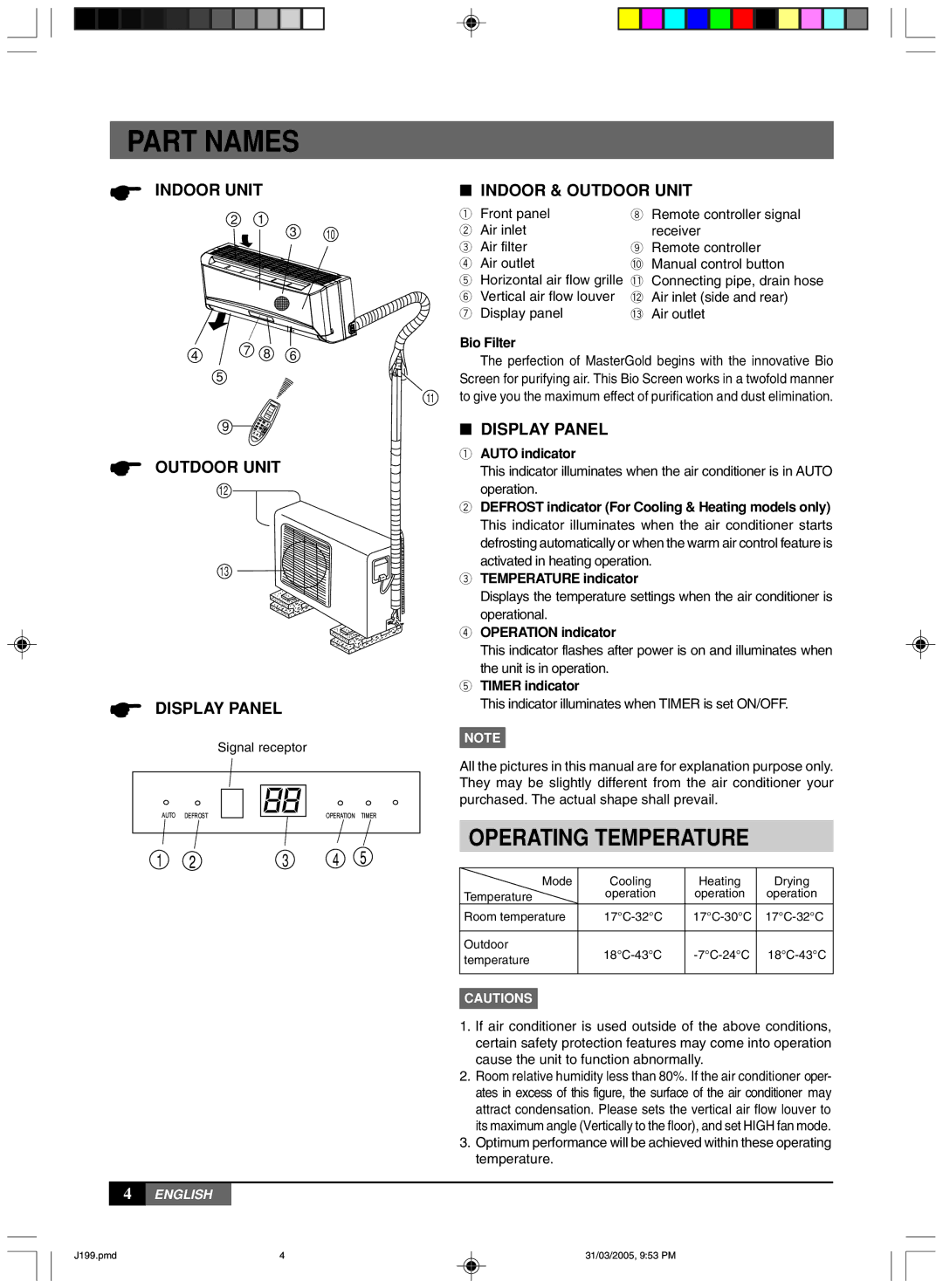 York MLCA-MLHA-07-24 owner manual Part Names, Operating Temperature 